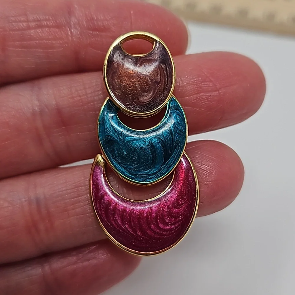 Vintage Enamel Earrings Gold Tone Brown Teal Raspberry Tones